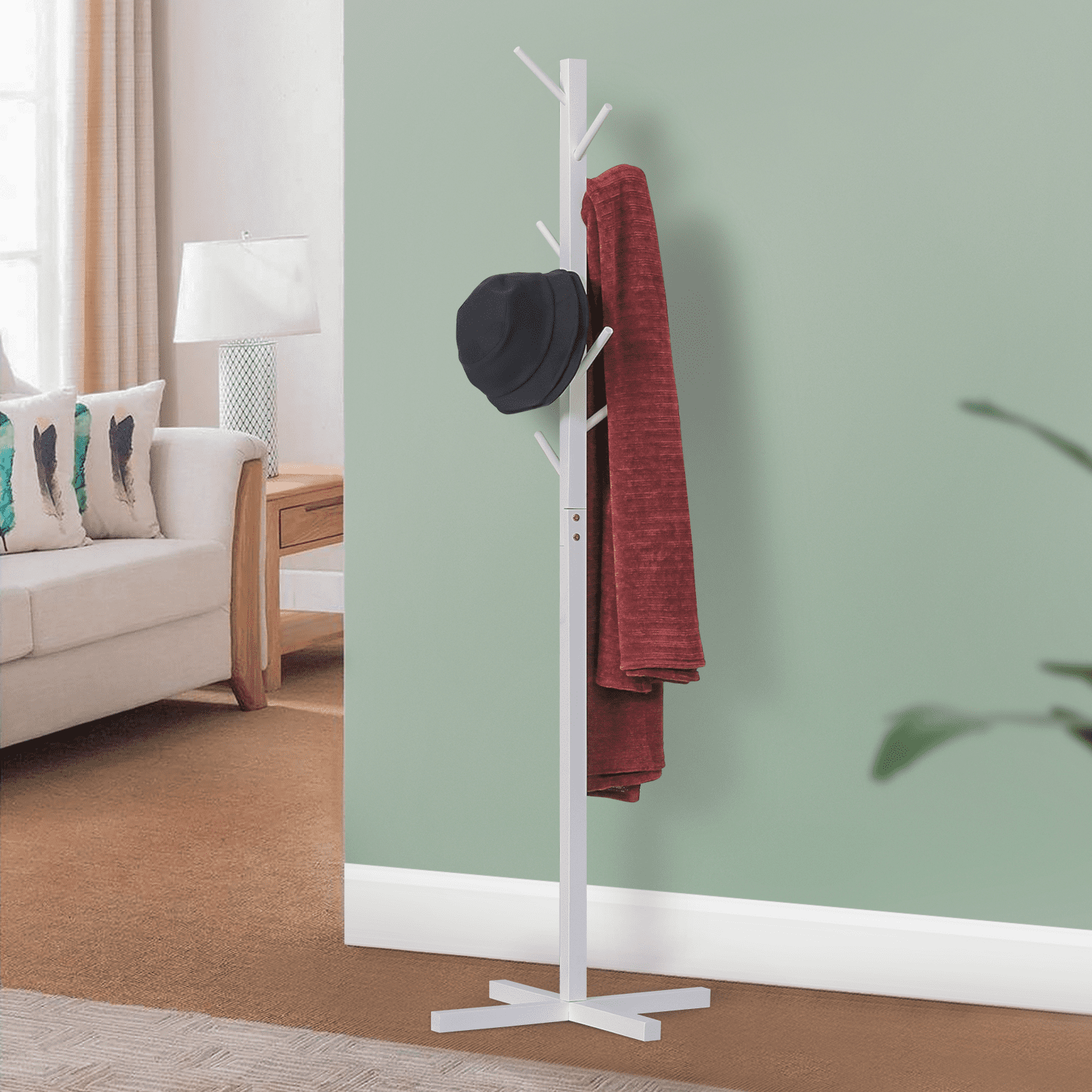 Magshion Wood Modern Coat Rack， Free Standing Hat Clothes Storage Stand， White， for Entryway Mudroom