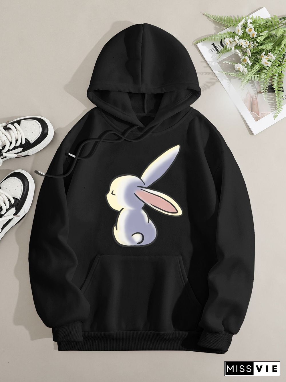 Printed on front Kangaroo Pocket Hoodie Long Sleeve for Women Pattern Unhappy Rabbit