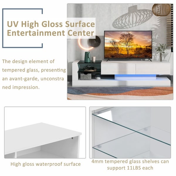 70''W Living Room High Gloss Floor TV Stand RGB LED Light for 75 Inch TV