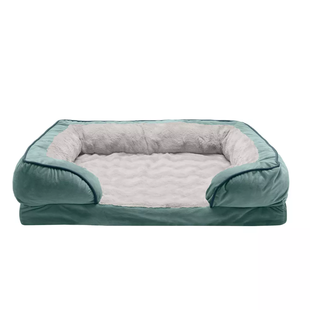 FurHaven Velvet Waves Perfect Comfort Orthopedic Sofa Cat and Dog Bed， Celadon Green， Large