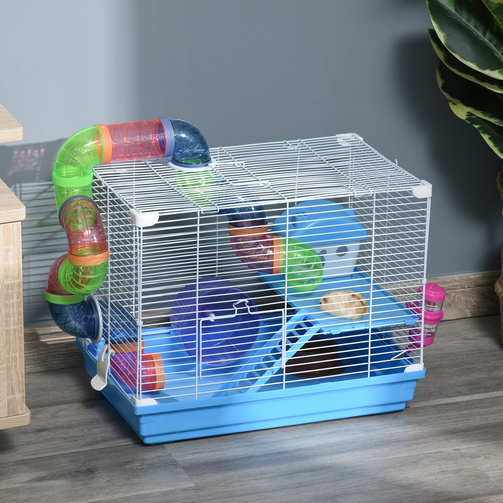 Pawhut 2-Level Hamster Cage Gerbil House Habitat Kit Small Animal Travel Carrier with Exercise Wheel， Play Tubes， Water Bottle， Food Dishes， and Interior Ladder