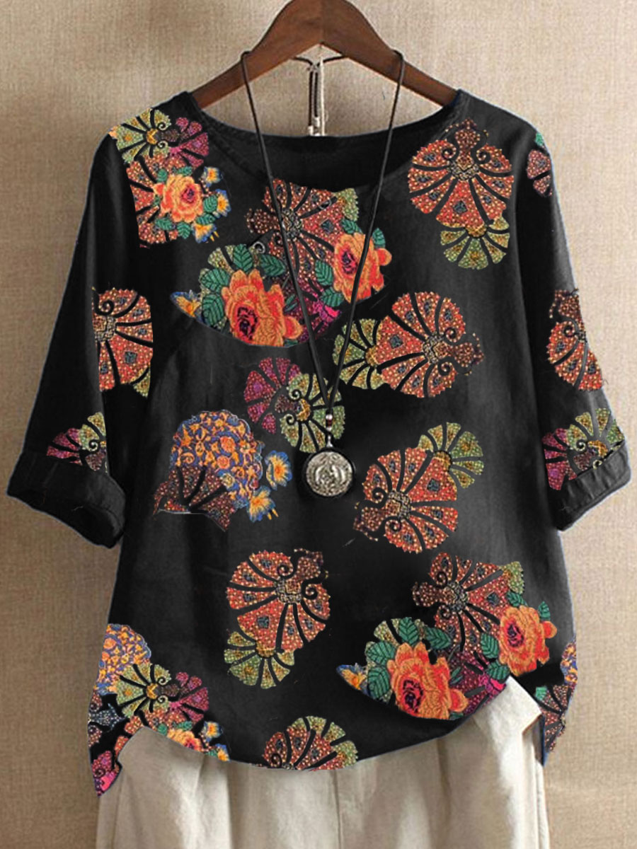 Round Neck Short Sleeve Floral Print Blouse