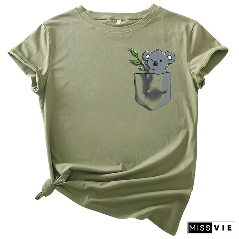 Koala Pocket Print  Round Collar T-Shirt