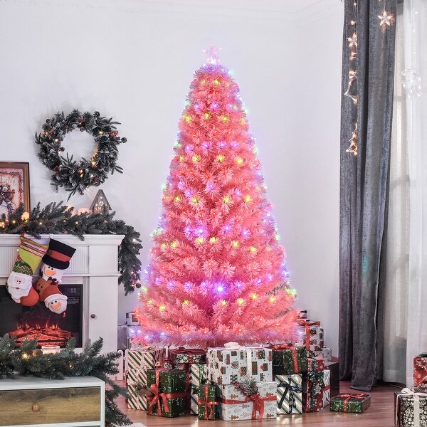 HOMCOM 7 ft. Prelit Christmas Tree with Stand，LED Christmas Tree with Lights