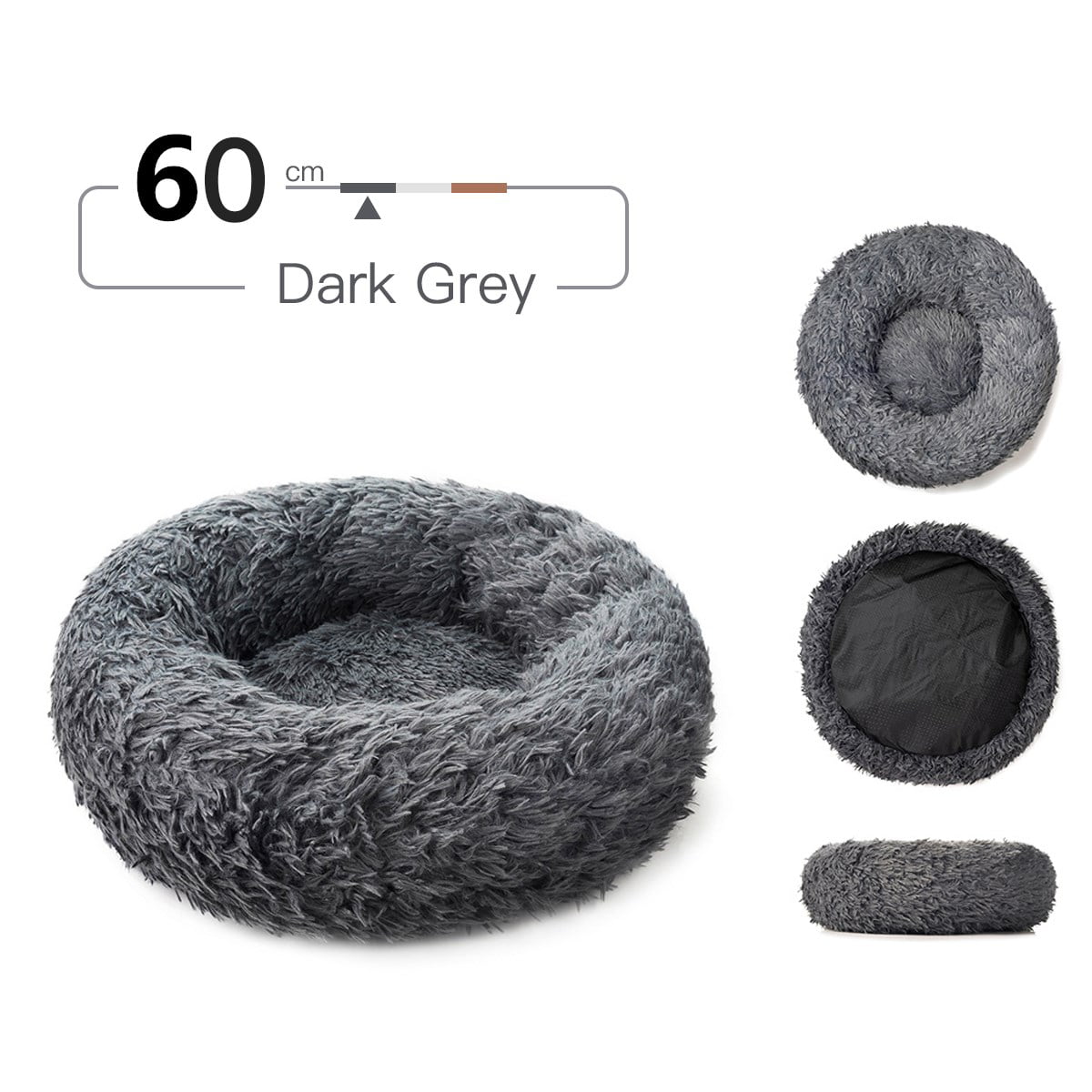 HQZY Plush Cat Calming Bed，  Plush Round Dog Bed Anti Anxiety Cuddler Comfy Dog Mat for Small Medium Dogs and Cats，Dark Grey 23.4