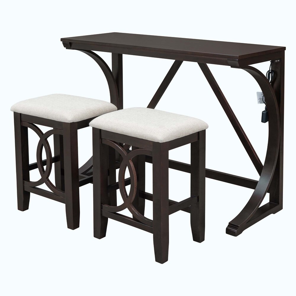 Farmhouse 3 Piece Counter Height Dining Table Set with USB Port and Upholstered Stools