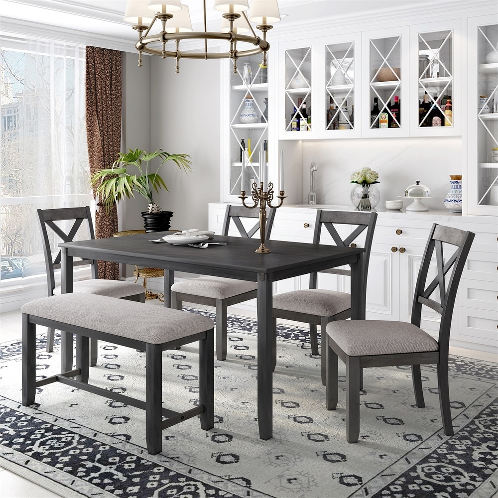 Merax Wooden 6 Piece Kitchen Dining Set with Bench and 4 Dining Chairs