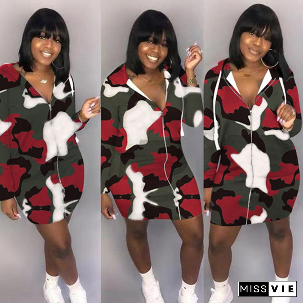 Sexy Camouflage Print Zipper Hoodies Short Dress