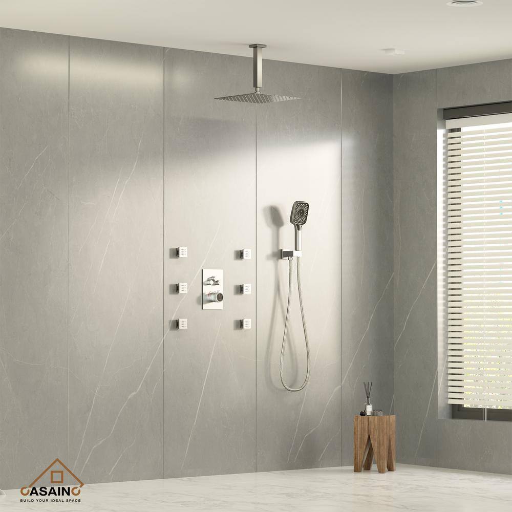 CASAINC 6-Spray 12 in. Thermostatic Dual Shower Heads Ceiling Mount Fixed and Handheld Shower Head 2.5 GPM in Brushed Nickel CS6221-12BN