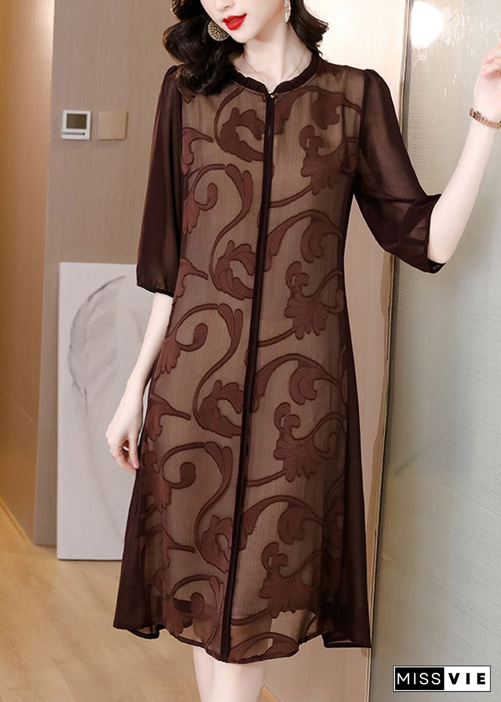 Slim Fit Coffee O-Neck Print Silk Maxi Dresses Summe