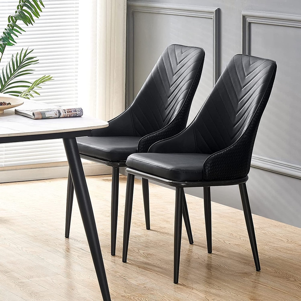 Modern Faux Leather Dining Chairs with Woven Leather Back  Set of 2