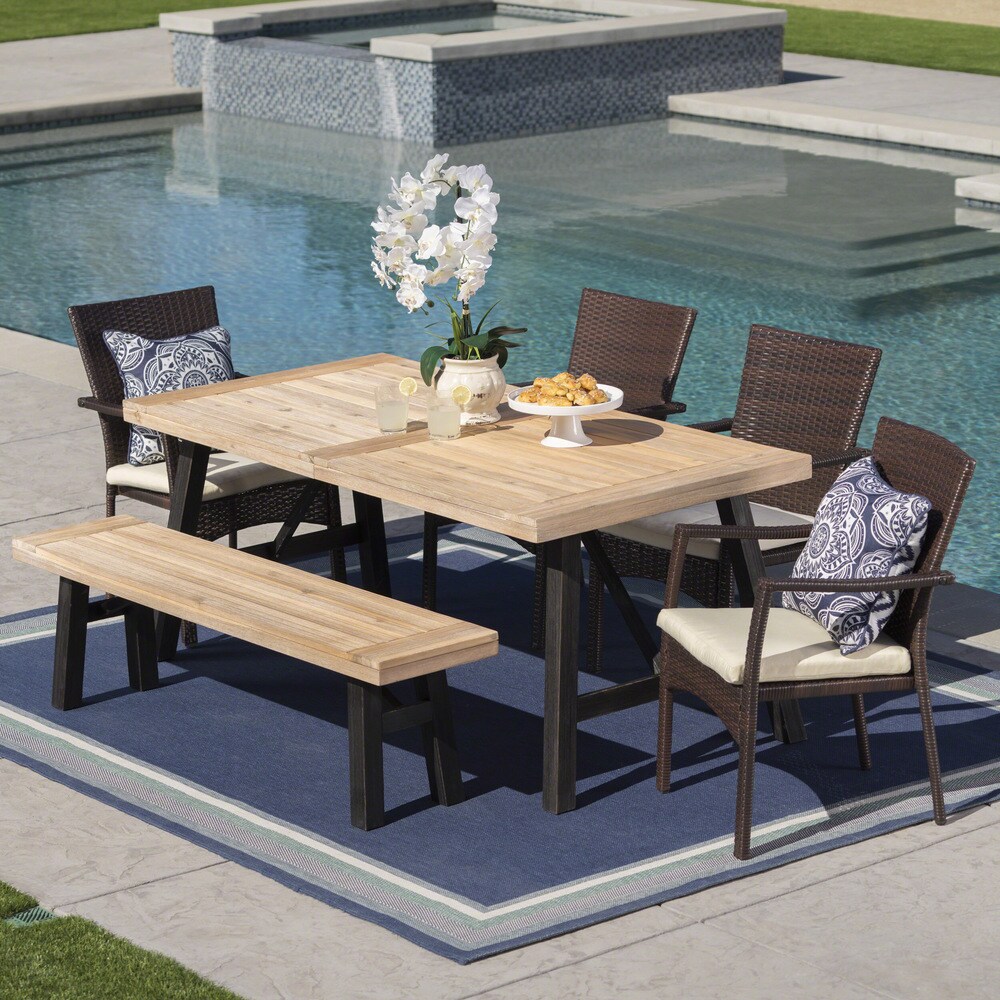 Horton Outdoor 6 Piece Rectangle Wicker Wood Dining Set with Cushions by Christopher Knight Home