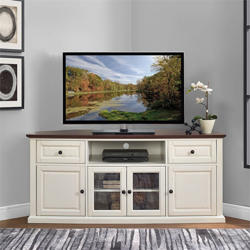 Pemberly Row Transitional Wood Corner TV Stand for TVs up to 60 quotin White   Farmhouse   Entertainment Centers And Tv Stands   by Homesquare  Houzz