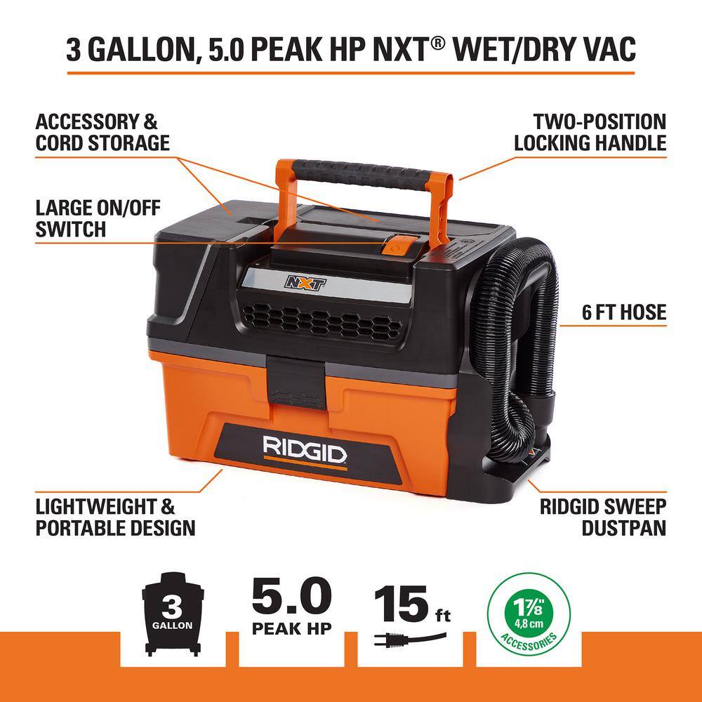 RIDGID 3 Gallon 5.0 Peak HP NXT WetDry Shop Vacuum with Filter Expandable Locking Hose and Accessories HD0300