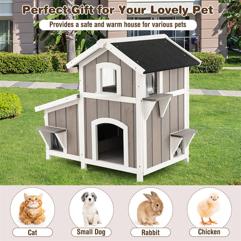 2-Story Outdoor Feral Cat House Weatherproof Wooden Kitty Shelter Pet House Habitat with Escape Door Removable Floor PVC Curtains Flower Box