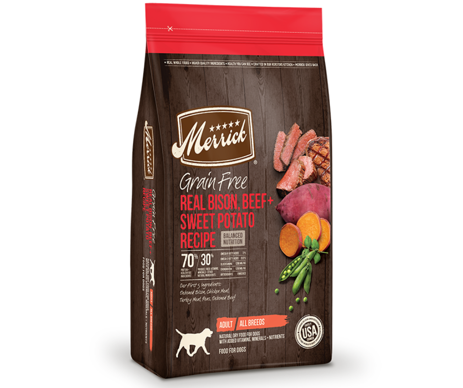 Merrick Grain Free - All Breeds， Adult Dog Real Bison， Beef， and Sweet