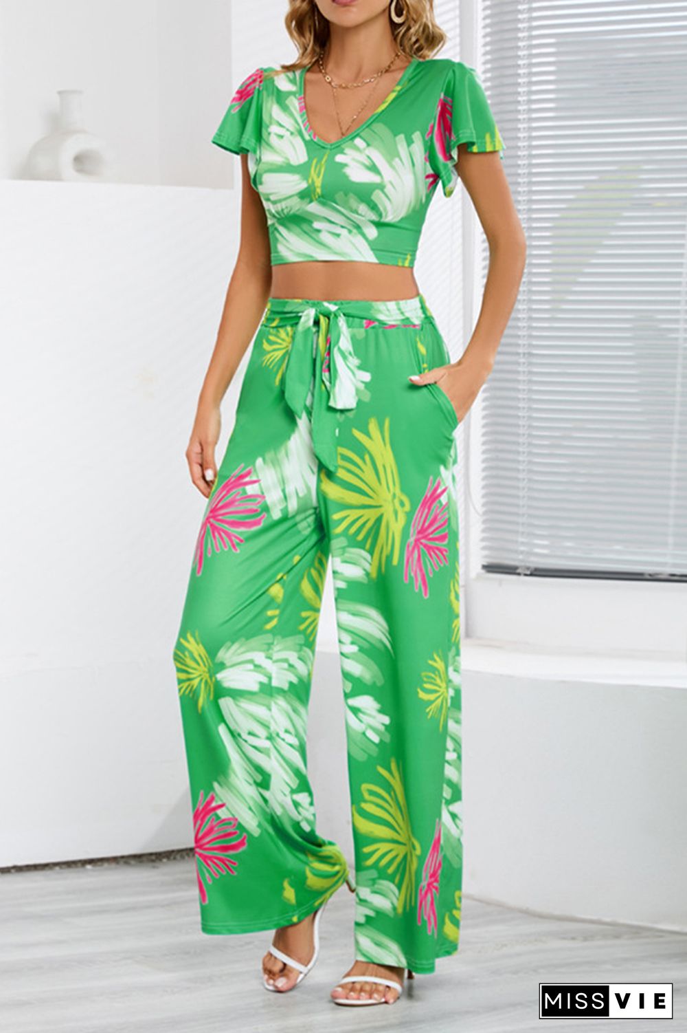 Leaf Print Crop Top and Wide Leg Pants Two Pieces Set