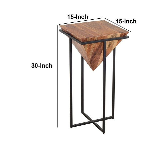 30 Inch Pyramid Shape Wooden Side Table With Cross Metal Base， Brown and Black