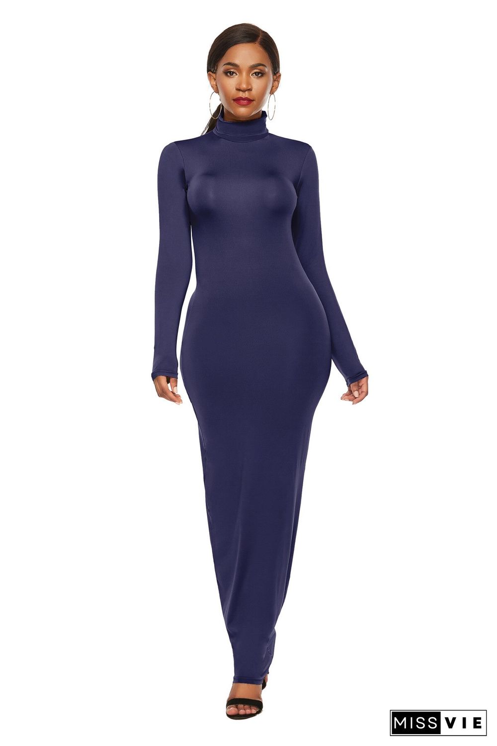 Fashion Solid Color Dress Women Long Sleeve Stretch Slim High Neck Dress Vestido Feminino