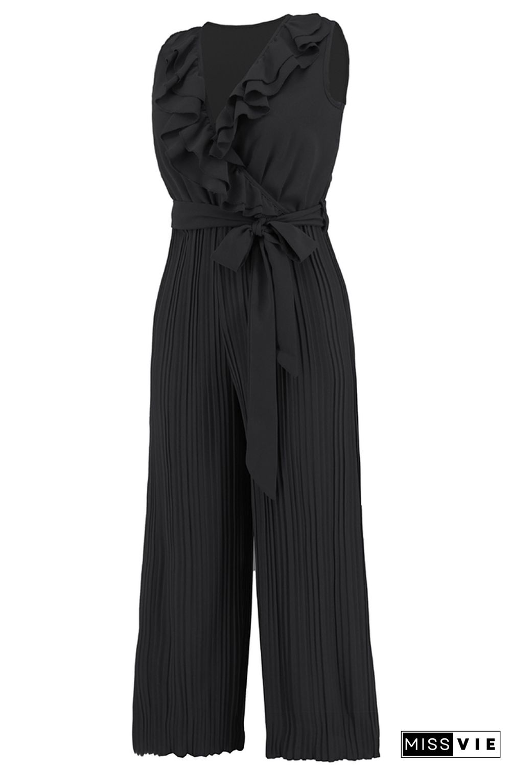 V Neck Ruffles Pleated Sleeveless Jumpsuit