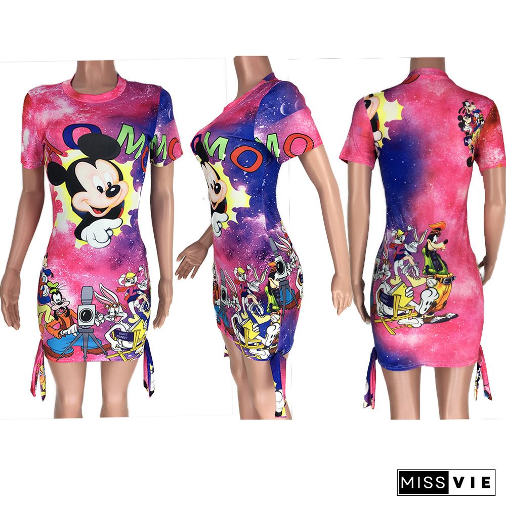 Cute Cartoon Print Short Sleeve Round Neck Mini Dress