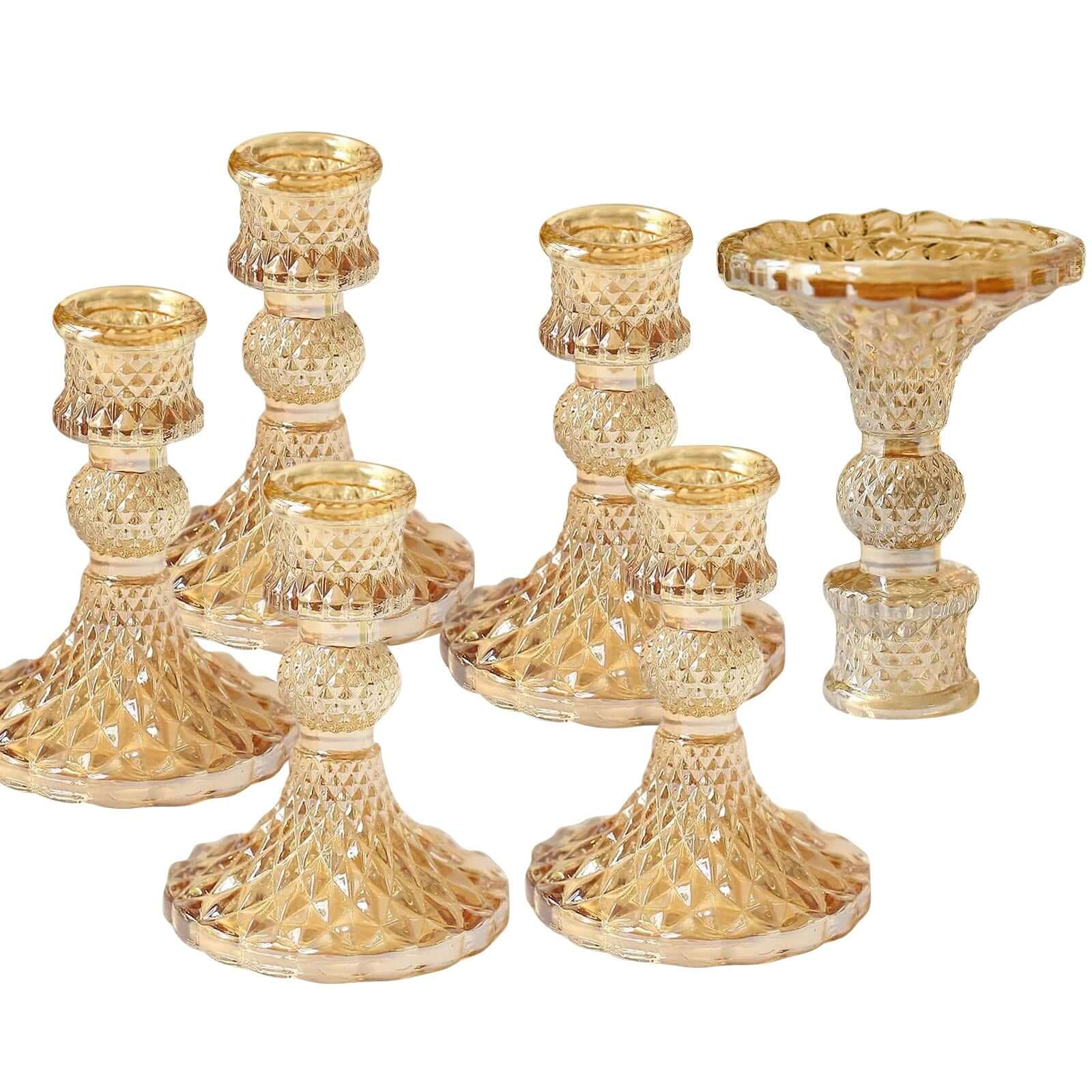 6 Pack Amber Gold Glass Diamond Pattern Taper Candlestick Holders, Reversible Crystal Pillar Votive Candle Stands 4