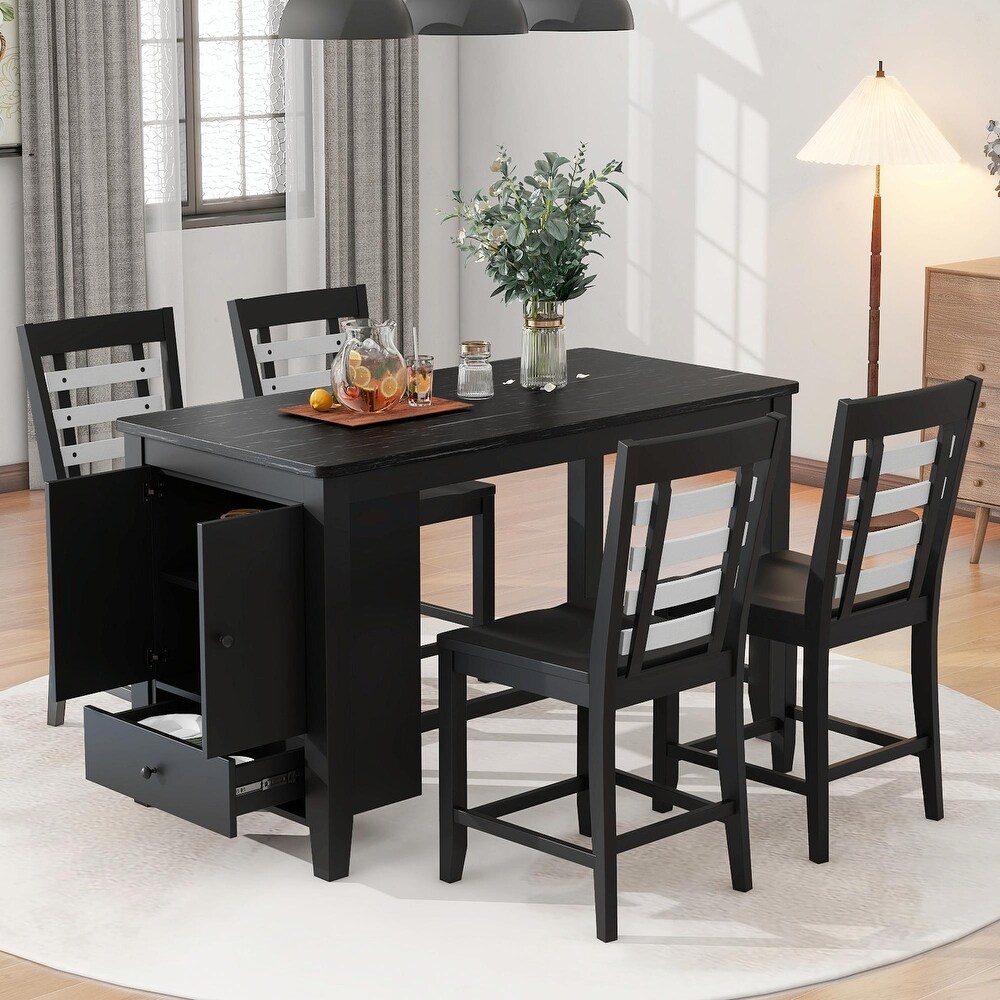 5 Piece Dining Set with Faux Marble Tabletop  Solid Wood  and Storage