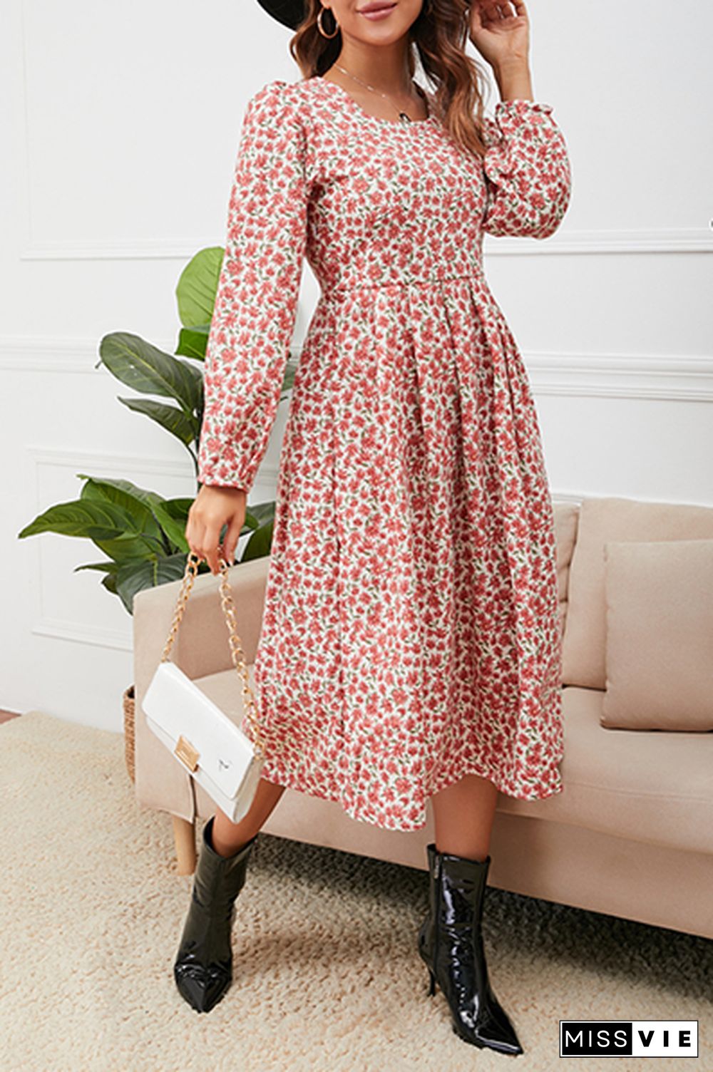 Elegant Floral Split Joint Square Collar A Line Dresses