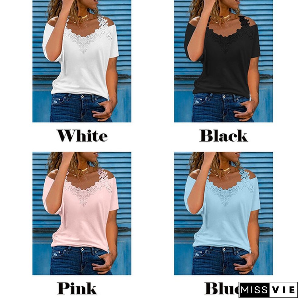 Women Fashion Plus Size Casual Tops Lace Stitching Cold Shoulder Short Sleeves T-Shirts Summer Solid Color V Neck Loose Blouses Tee Shirts Xs-5Xl