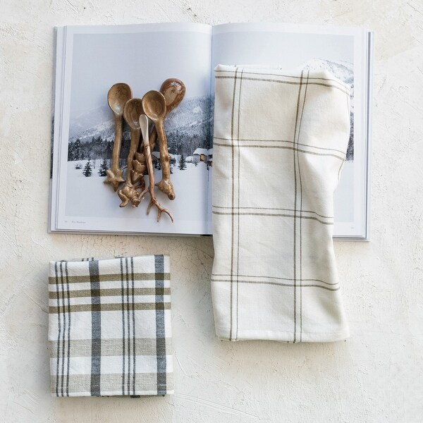 Stonewashed Cotton Tea Towel with Grid/Plaid Pattern，Set of 2