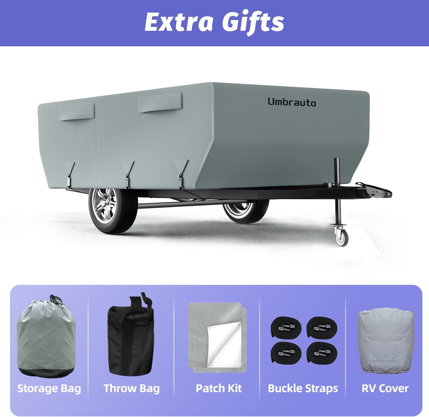 Umbrauto Travel Trailer Cover 2023 Upgraded 6 Layers Top Pop Up Camper Covers Waterproof Extra Thick Polypropylene Breathable Ripstop Anti-UV Pop Up Folding Trailer Cover Fits 12' - 14' Trailers， Gray