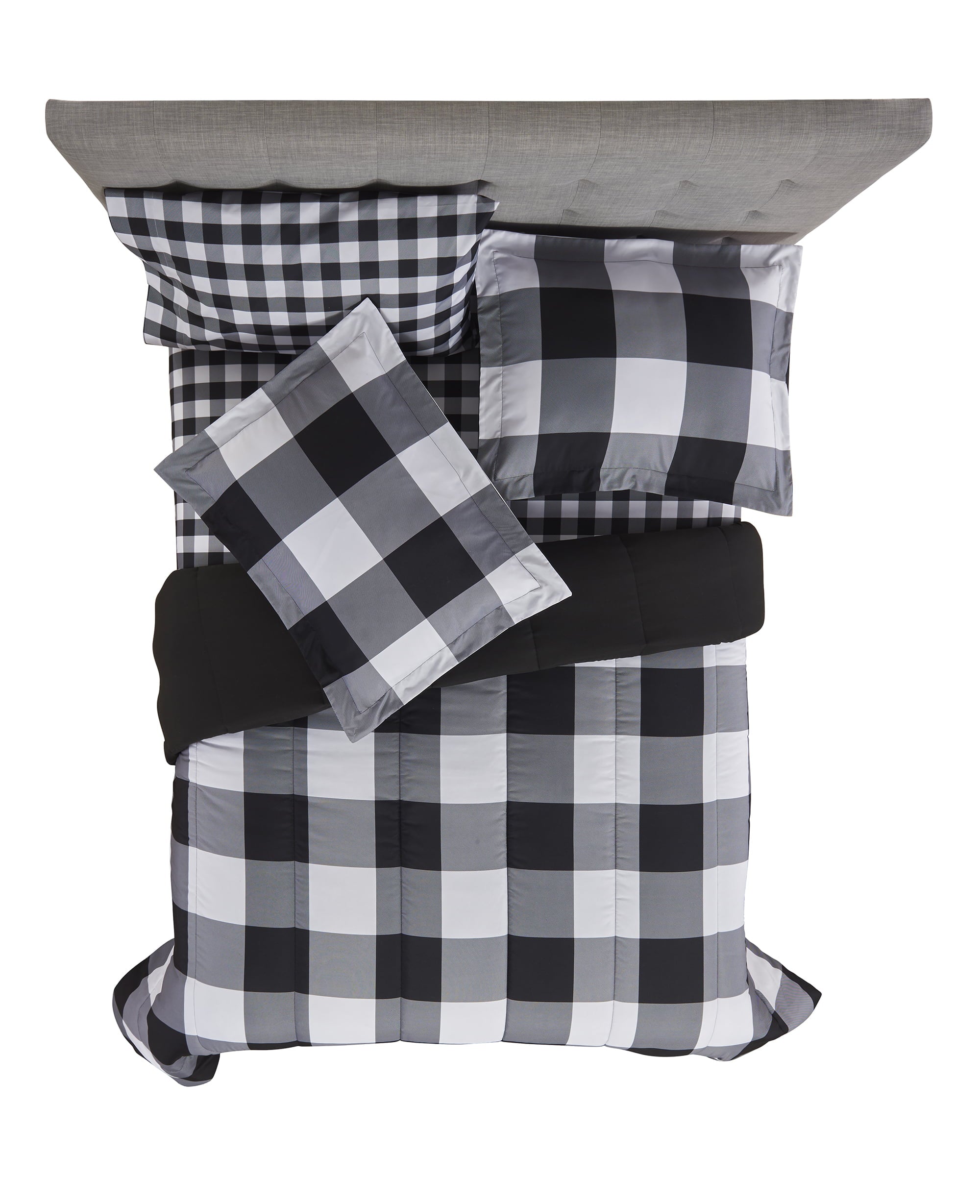 Black and White Buffalo Plaid 7 Piece Bed in a Bag Comforter Set with Sheets， King