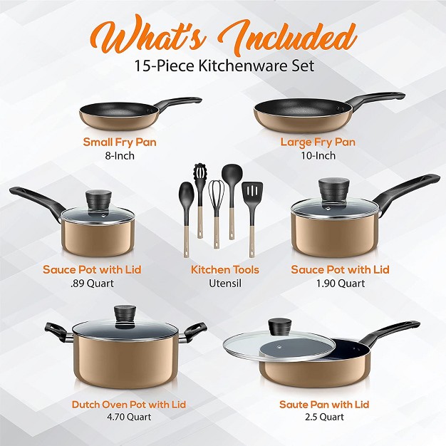 Serenelife 15 Piece Essential Home Heat Resistant Non Stick Kitchenware Cookware Set W Fry Pans Sauce Pots Dutch Oven Pot And Kitchen Tools Gold