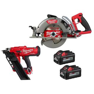 MW M18 FUEL 18-Volt Lithium-Ion Cordless 7-14 in. Rear Handle Circ Saw w3-12 in. 30-Degree Nailer Two 6 Ah HO Batteries 2830-20-2745-20-48-11-1862