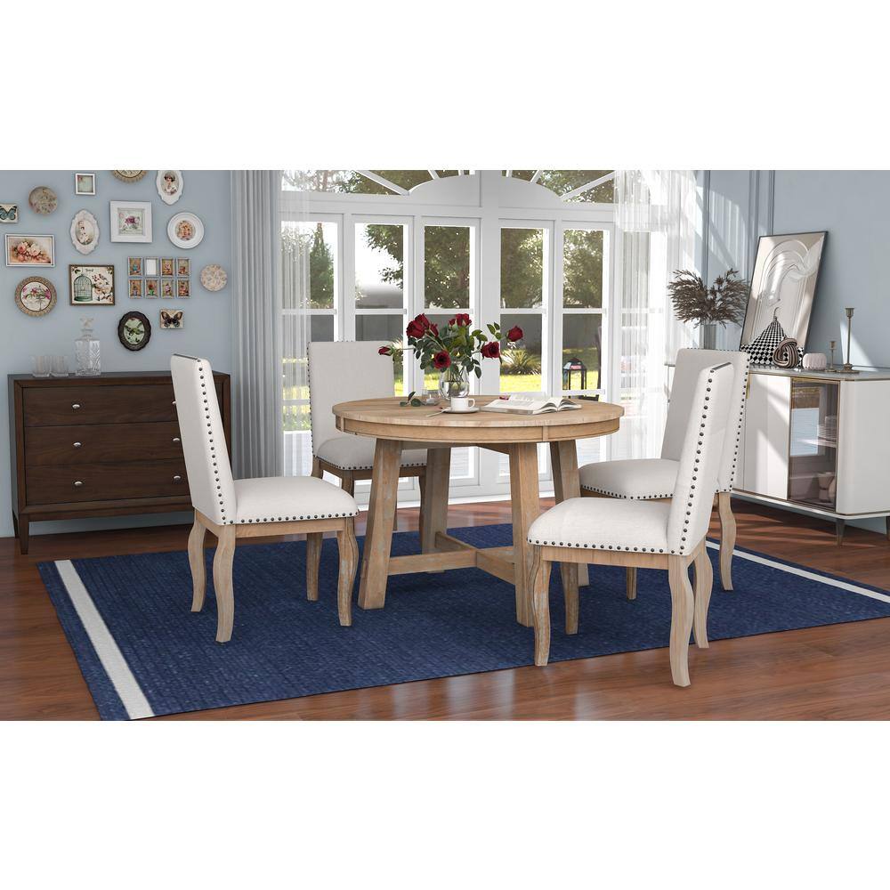 URTR 5-Piece Natural Wood Top Round Dining Table Set Extendable Kitchen Table and 4 Upholstered Dining Chairs for 4 Person T-01421-E