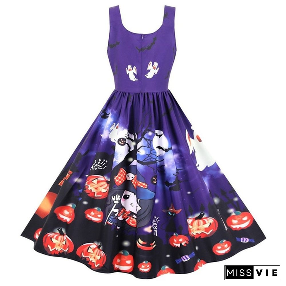 Women Halloween Party Dress Sleeveless Skull Pumpkin Printed Swing Dress