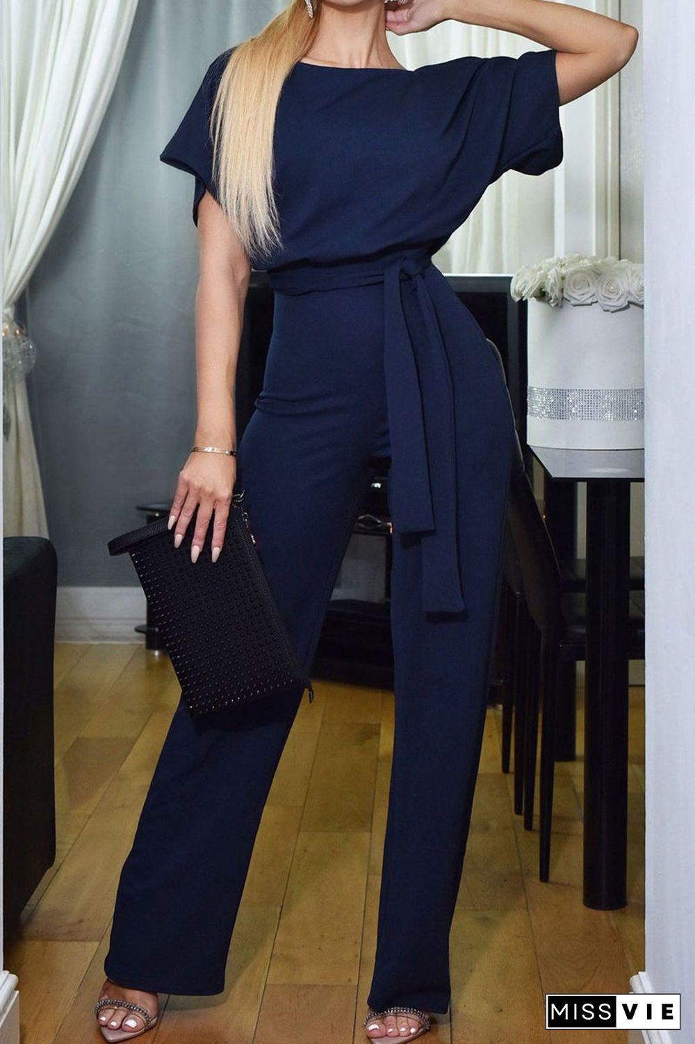 Solid Color Tie Up Plus Size Jumpsuit