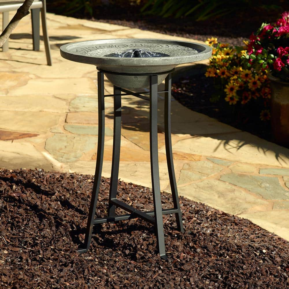 Smart Solar Perello Distressed Grey Cement Stone Solar Fountain Birdbath 25401M01