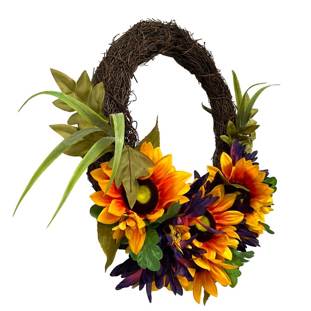 Northlight Sunflower And Mum Twig Autumn Artificial Floral Wreath 20 inch