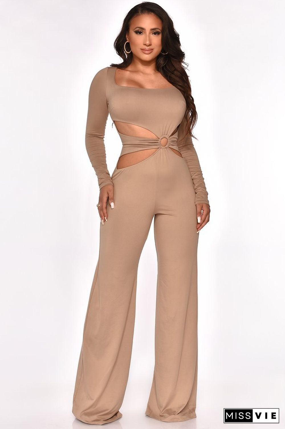 Hollow Out Square Neck High Waist Wide Leg Jumpsuit