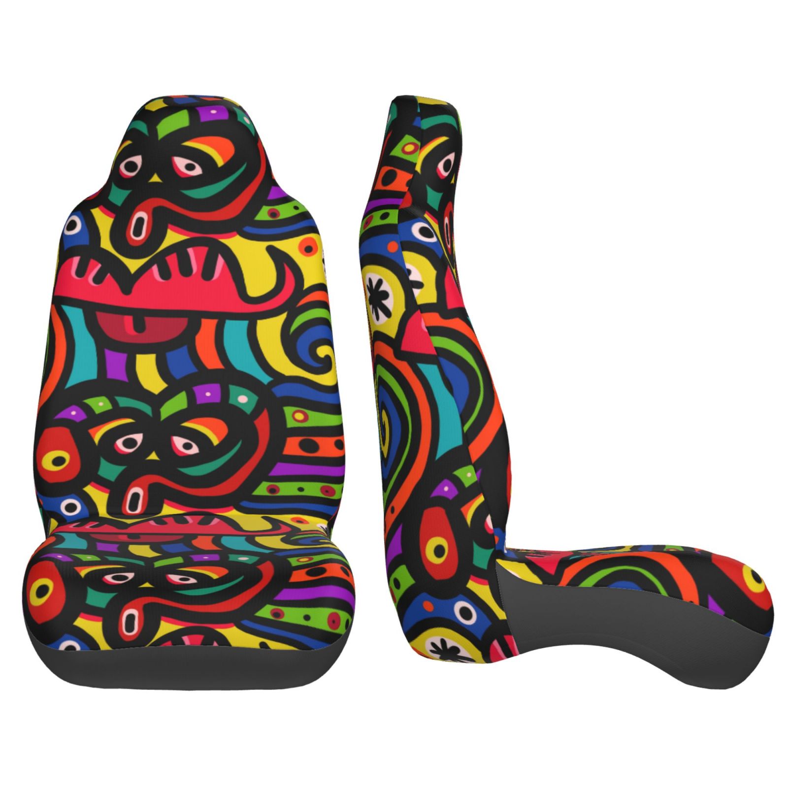 TEQUAN Front Seat Covers， Cartoon Colourful Face Doodle Pattern 2 Piece Car Seat Cover Fit Most Car SUV Truck Van