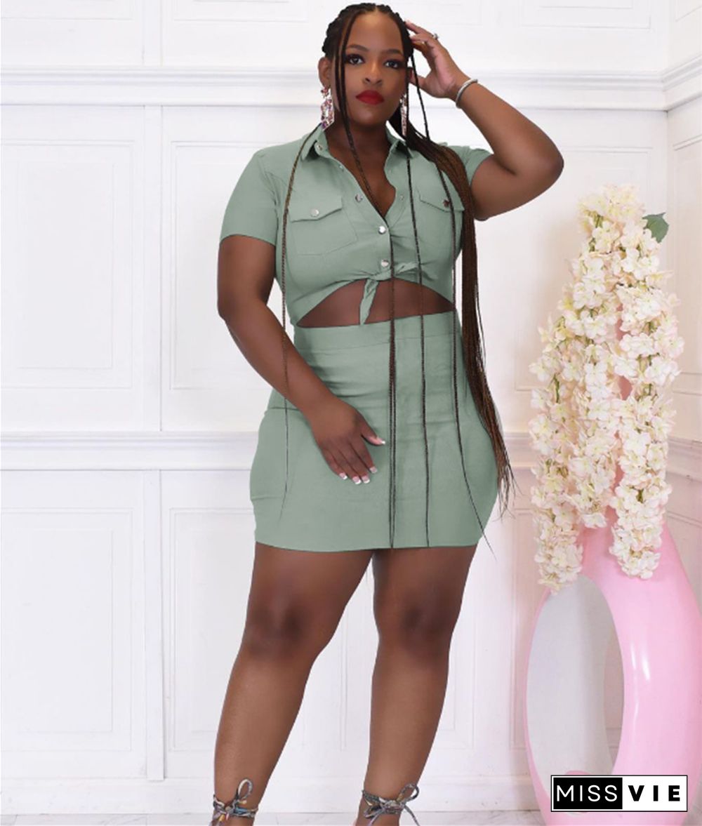 Plus Size Cargo Style Button Up Shirts Mini Skirt Sets