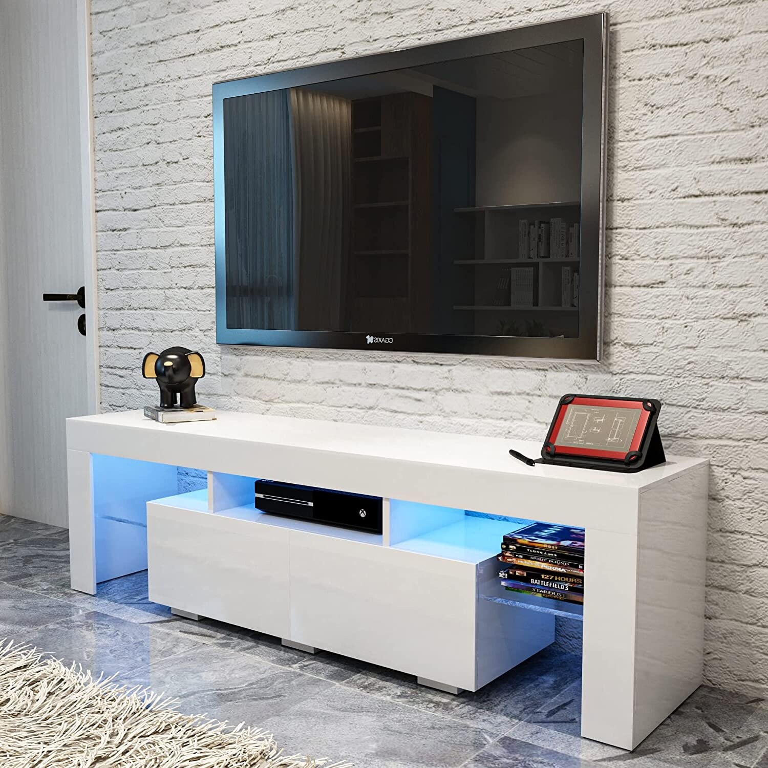 White LED TV Stand， Modern Entertainment Center for 65 Inch TV with 2 Drawer Storage and 2 Open Shelves - as picture