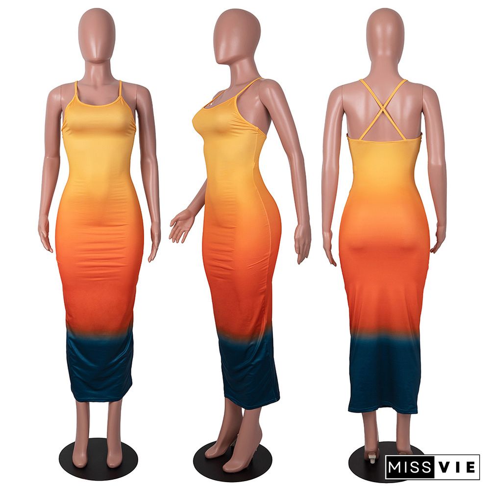 Sexy Summer Outfit Gradient Color Sleeveless Spaghetti Strap O-neck Strechy Bodycon Long Maxi Dresses