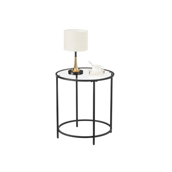 Round Side Table， Glass End Table with Metal Frame， Small Coffee Accent Table， Bedside Table， Modern Style - 19.7