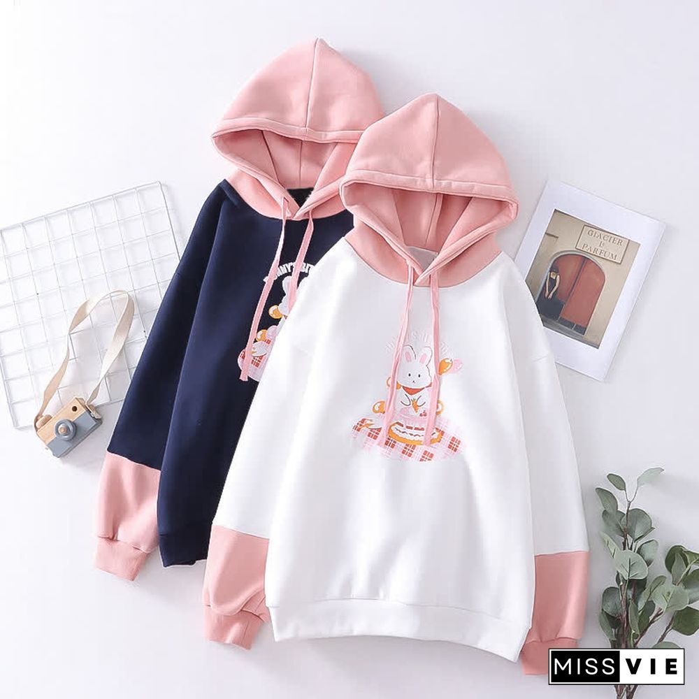 Cartoon Bunny Duck Print Colorblock Plush Hoodie