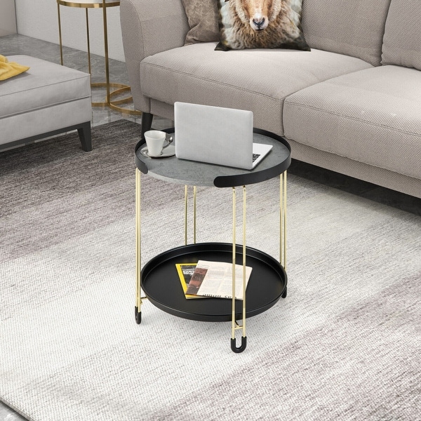 2-Tier Round Side Table with Removable Tray and Metal Frame for Small Space-Golden - 18