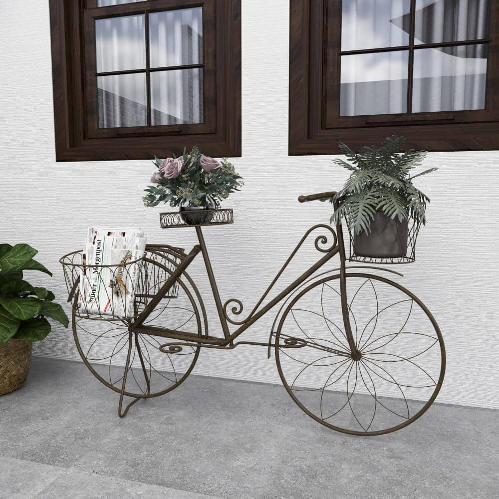 Litton Lane 31 in. Brown Metal Bike Indoor Outdoor Scrollwork And Wire Design Plantstand with Basket and Saddle Bag Planters 79182