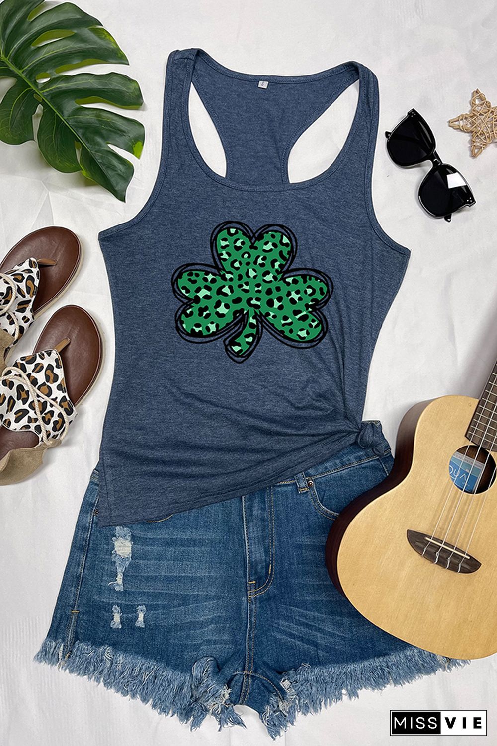 St Patricks Day,Leopard Shamrock Sleeveless Tank Top Wholesale