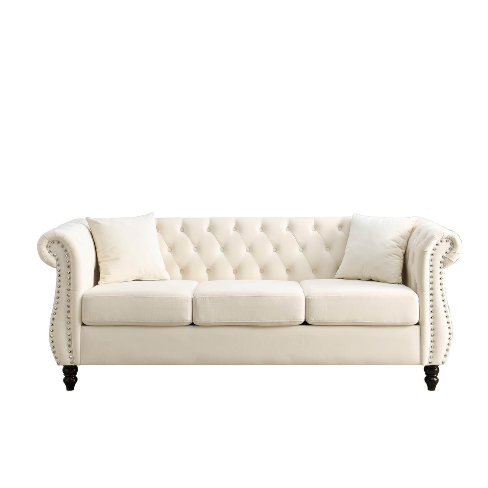 Velvet Chesterfield Sofa Set with Nailhead Trim and Tufted Low Back (Includes Pillows  3 Seater + Loveseat)